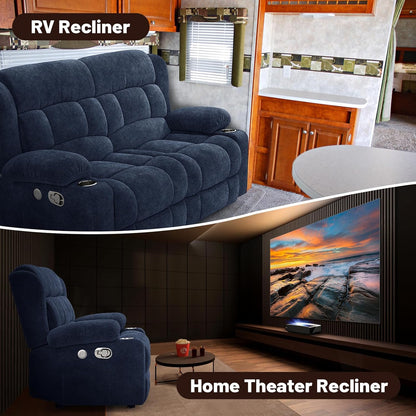 Loveseat Recliner Sofa, 2 Seater Minimalist Style Fabric Manual Pull Tab Reclining Loveseat with USB Charge Ports, Cup Holders, Recliner Love Seat Couches for Living Room, RV, Blue