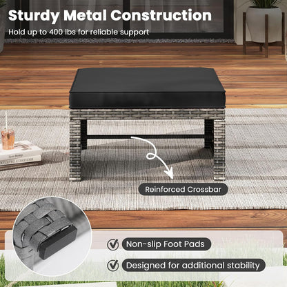 Tangkula 2 Pieces Patio PE Rattan Ottomans, Multipurpose Outdoor Footstool Footrest Additional Seating Side Table with Soft Zippered Cushions for Deck, Garden, and Yard (Black)