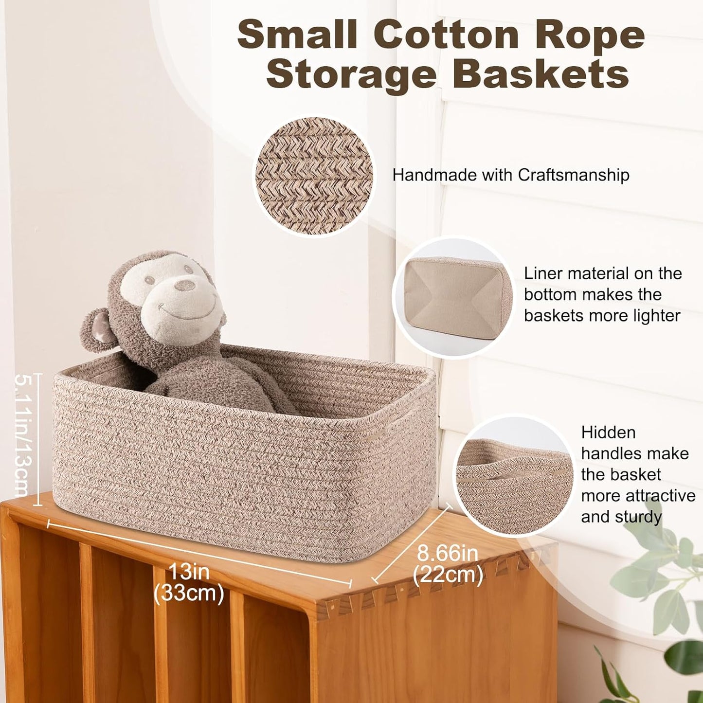 3 Pack Small Storage Baskets for Organizing, Cute Woven Decorative Gift Baskets for Shelves, Mini Closet Organizer Bins with Handles-13''Lx8.66''Wx5.11''H-Brown