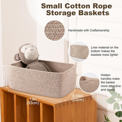 3 Pack Small Storage Baskets for Organizing, Cute Woven Decorative Gift Baskets for Shelves, Mini Closet Organizer Bins with Handles-13''Lx8.66''Wx5.11''H-Brown