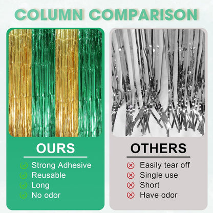 3 Pack 3.3 x 8.2 ft Green and Gold Foil Fringe Backdrop Curtains, Tinsel Streamers Party Decorations, Fringe Backdrop, Door Shimmer for Graduation or Birthday Party