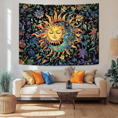 Aipon Sun and Moon Tapestry for Bedroom Boho Hippie Floral Wall Tapestry Aesthetic Vintage Stained Glass Plant Small Tapestries Wall Hanging for Living Room Dorm 48 x 36 Inch