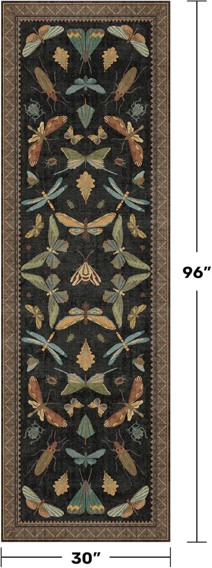 Black Insect 2'6"x8' Washable Non Slip Runner Rugs for Hallways, Non Skid Stain Resistant Rug Runners for Kitchen, Entryway, Mudroom -, Dark Floral Boho Cottagecore Home Decor