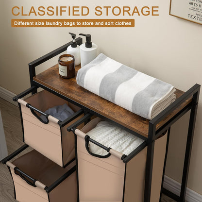 Laundry Basket Organizer - Hampers with 3 Compartments, Sliding Laundry Sorter Bags, Top Storage Shelf, Metal Frame