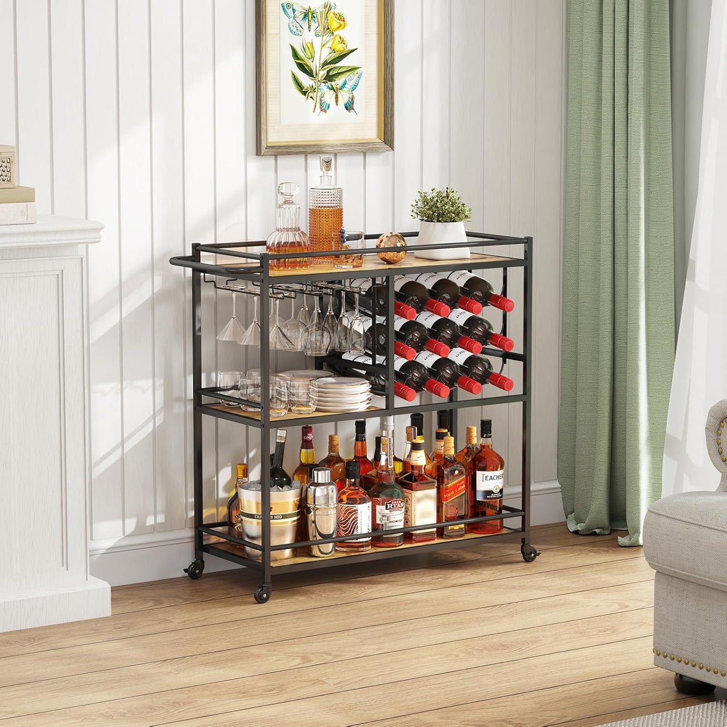 Lifewit Bar Cart for The Home, 3 Tier Drink Cart with Lockable Wheels, 12 Wine Rack and 3 Rows Glass Holders, Liquor Serving Cart for Kitchen Dining Livingroom, 31.6" x 13.1" x 33.9", Rustic Brown