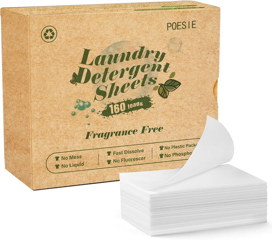 Poesie Laundry Detergent Sheets Fragrance Free Non-Plastic Precut Zero Waste 160 Count Liquidless