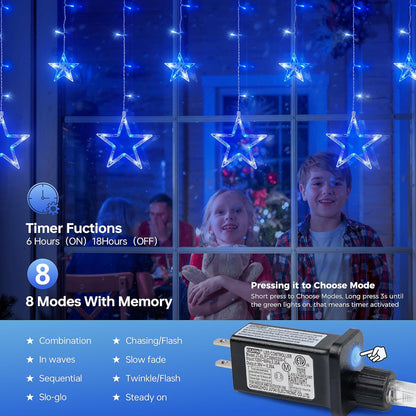 126L Blue White Christmas Star Icicle Lights, 8.2FT Clear Curtain Fairy String with Connectable, Timer 8 Modes Memory, Waterproof Hanging for Eaves, Party, Wedding Indoor Outdoor Decorations
