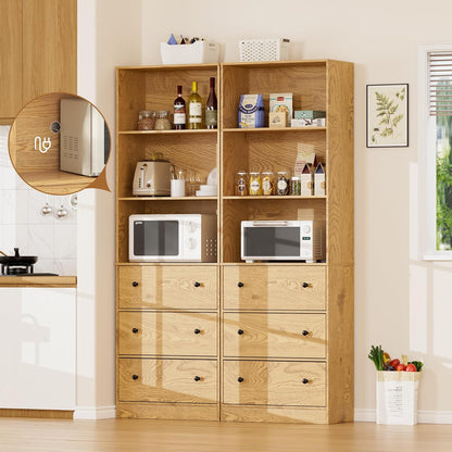 71" Tall Bookshelves Set of 2, Bookcases with Drawers, Bookshelves with Storage, Wooden Bookshelf with 3 Drawers & 3-Tier Open Shelves,Home Decor Furniture for Living Room,Bedroom,Home,Natural