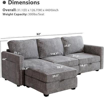 mestyl Modular Sectional Sofa Convertible L Shaped Sofa Couch Set with Storage for Living Room, Modern 3 Seater Modular Sectional Couch with Movable Ottoman (Grey)
