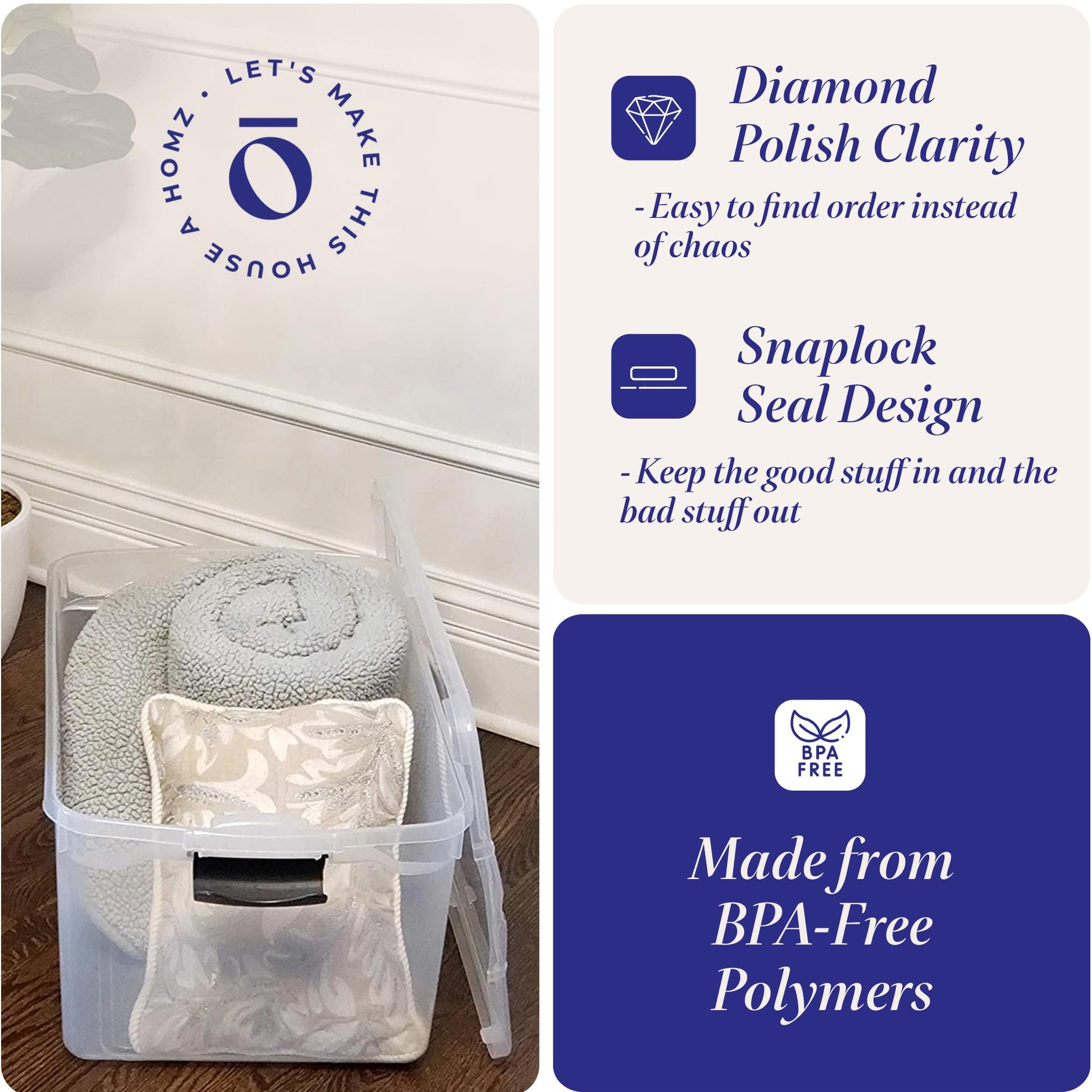 HOMZ Clear Plastic Storage Bins w/Latching Lid, 66 Qt, Gray Latch, 2 Pack