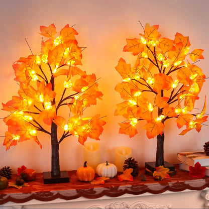 2 Pack 24 Inch Prelit Fall Maple Tree Fall Decor with 48 LEDs Timer Battery Operated Artificial Fall Light Up Tree Maple Acorn for Fall Thanksgiving Decorations Table Home Office Indoor Autumn Harvest