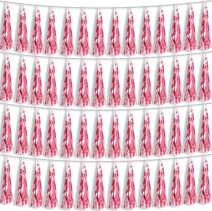 4P Light Pink Foil Fringe Metallic Tassel Streamers Banner Tassel Garland for Parade Floats, Bachelorette, Wedding, Birthday, Halloween, Christmas, Bridal/Baby Shower Party Decorations