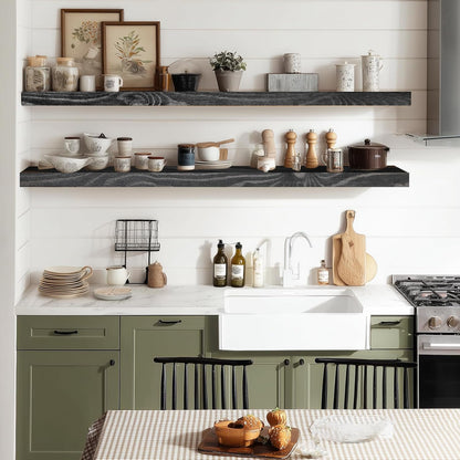 36"x6.8"x1.2" Solid Wood Floating Shelves 2-Pack - Rustic Black Finish with Hidden Brackets, Perfect for Storage and Décor in Living Room, Kitchen, Bedroom