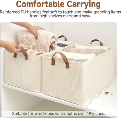 StorageWorks Storage Bins, Shelves Baskets for Organizing, 45L Extra Large Fabric Closet Organizers with Handles, Metal Frame, Beige（Texture）, 2-Pack