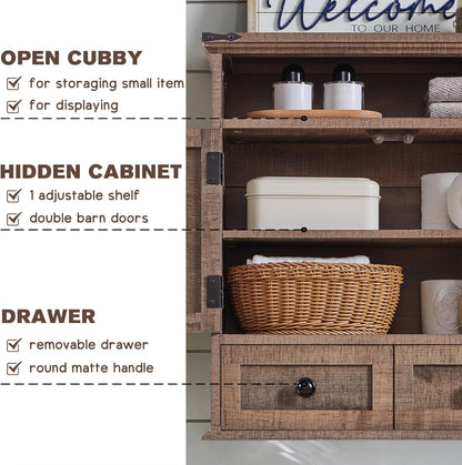 Bathroom Wall Cabinet, Farmhouse 24" Wide Medicine Cabinet with Drawer, Adjustable Shelf, Double Barn Doors, Storage Cabinets for Bathroom, Kitchen, Living Room, Rustic Brown