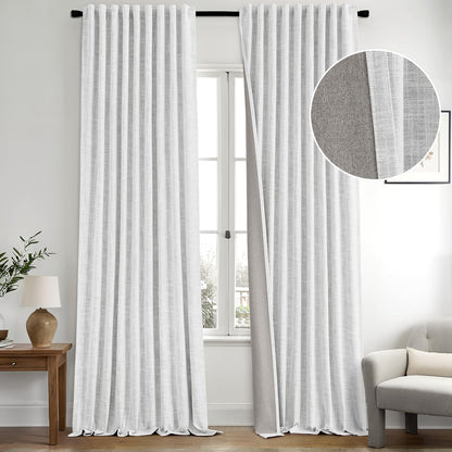 MIULEE Greyish White 100% Blackout Linen Curtains 108 Inch 2 Panels Set Double Sided No Coating Pleated Back Tab Black out Extra Long Thermal Insulated Pinch Pleat Bedroom Living Room Darkening Drapes