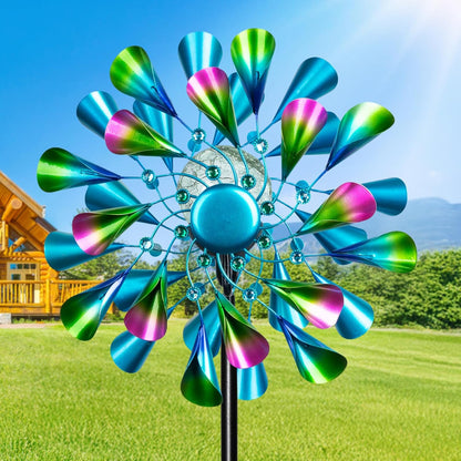60'' Wind Spinner with Color Glass Ball Solar Lights, Green Peacock Feathers Metal Garden Outdoor Decor Yard Lawn Art Decor for Patio Kinetic Windmills Unique Gifts for Friends and Family
