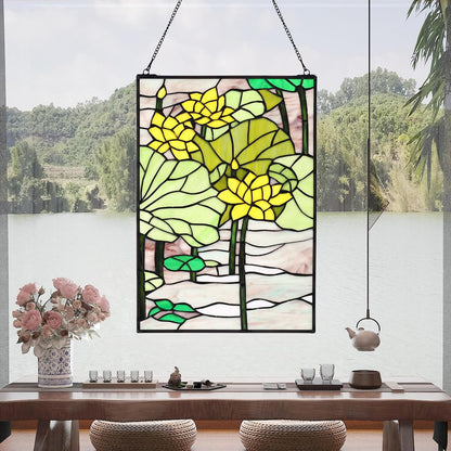 YOURANJU Stained Glass Window Hanging 16" H x 11" W Tiffany Style Rectangular Window Panel Suitable for Living Room Bedroom Kitchen Window Decoration Hangings with Chain (Lotus)