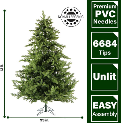 Fraser Hill Farm 12-Ft. Foxtail Pine Artificial Christmas Tree with Stand and No Lights, Unlit Foldable Fake Tree with Realistic Foliage for Home Decoration