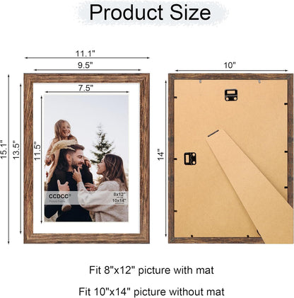 10x14 Picture Frame Set of 4, 10 x 14 Wood Photo Frames with Mat for 8x12 or 30x40cm Diamond Painting Art, Wooden Frame with Real Glass Cover for Wall and Tabletop Display,Rustic Brown