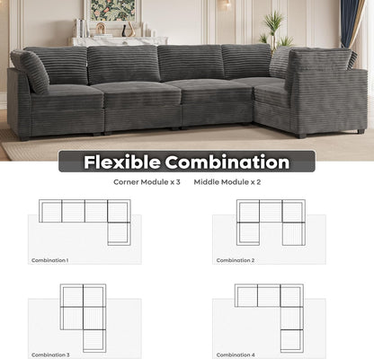 ovios Sectional Sofa Couch with L-Shape Chaise Convertible, Comfy Modular Cloud Couches with Deep Seat, Modern Upholstered Plush Corduroy Sofas Set for Living Room, 5-Seater, Grey