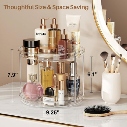 LAMU 2 Pack 2 Tier Lazy Susan Turntable Organizer 9.25'' Rotating Spice Rack Organization for Cabinet, Kitchen, Pantry, Countertop, Bathroom, Vanity, Medicine Cabinet Organizer, Clear