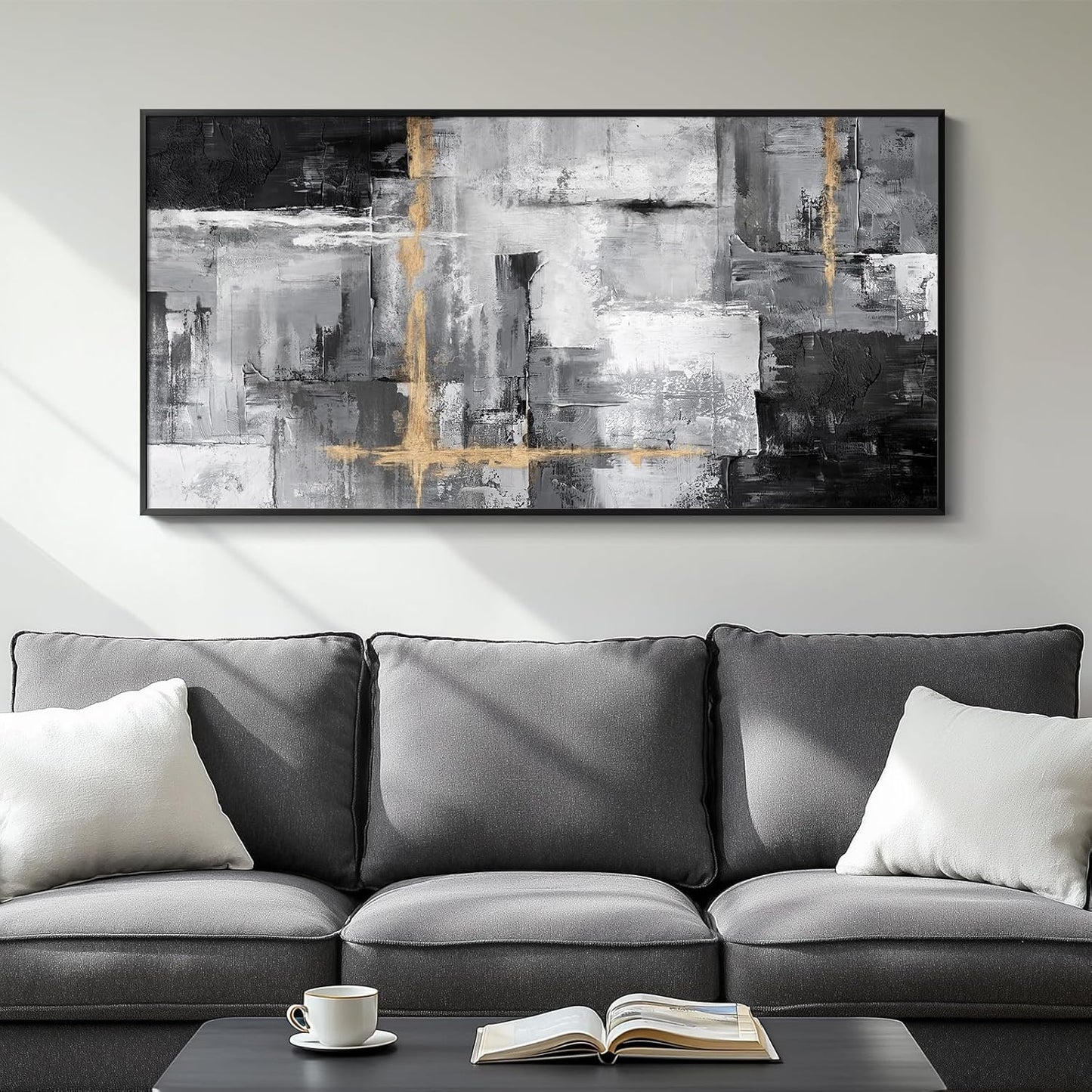 Framed Extra Large Abstract Wall Art for Living Room, Modern Horizontal Gray Canvas Prints Paintings Artwork for Walls, Black Grey Pictures for Hallway DiningRoom Bedroom Office Wall Decor Big Size 30x60 In
