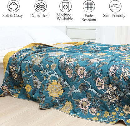 Snycler Boho Throw Blanket for Bed - 100% Cotton Ultra Soft Rustic Quilt Blanket Green Bird Floral Printed Farmhouse Decor Bed Blankets, 80"×90" All Season Rustic Throw for Sofa Couch Chair