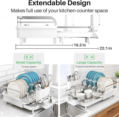 Dish Drying Rack, Expandable Dish Rack for Kitchen Counter, Stainless Steel Dish Drainer with Drainboard Set and Utensil Holder (White)