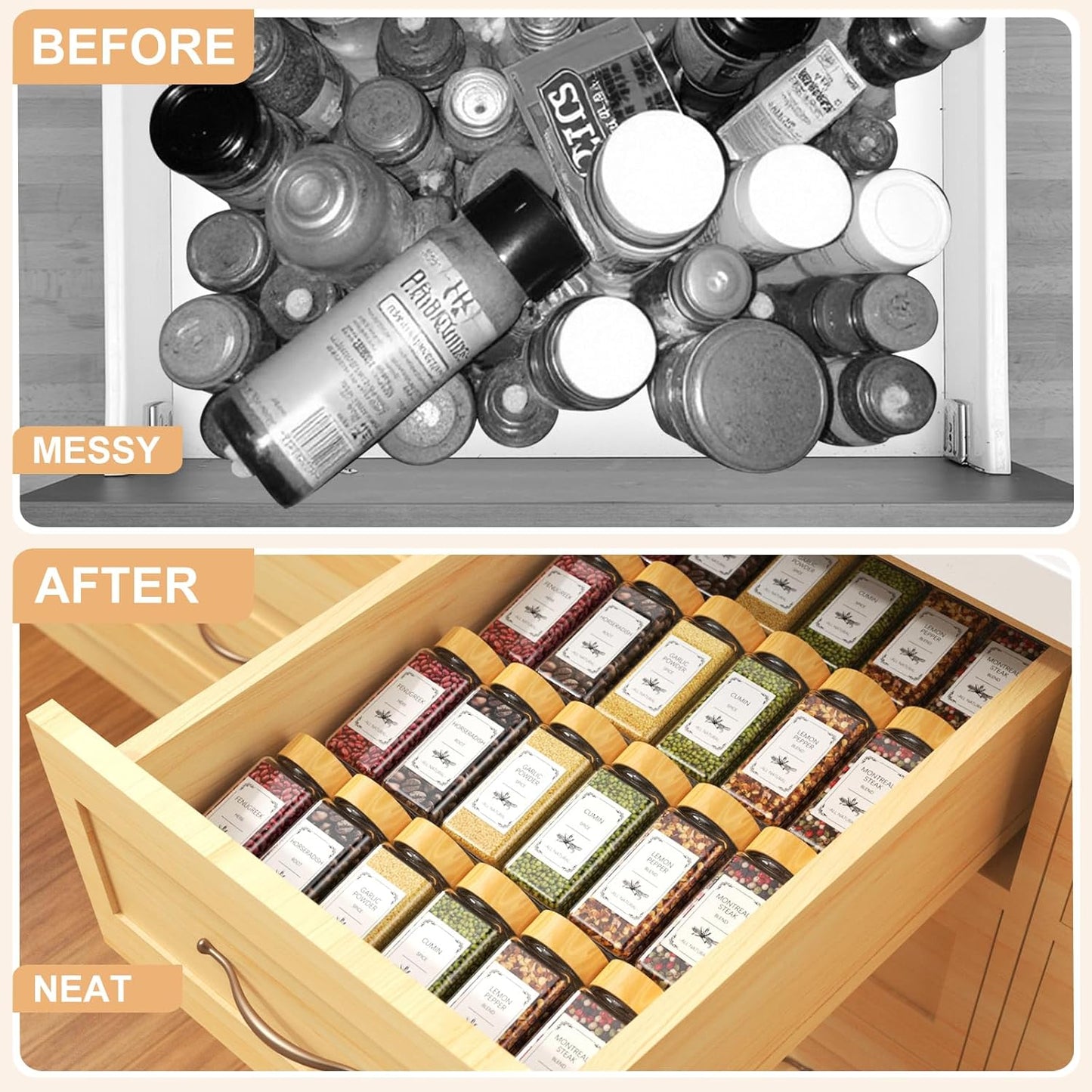 24 Spice Jars with Spice Drawer Organizer, 355 Spice Labels, 4 Pack Expandable From 11'' to 21'' Acrylic Spice Rack for Drawer, Seasoning Containers Storage Organization for Kitchen Cabinet Countertop