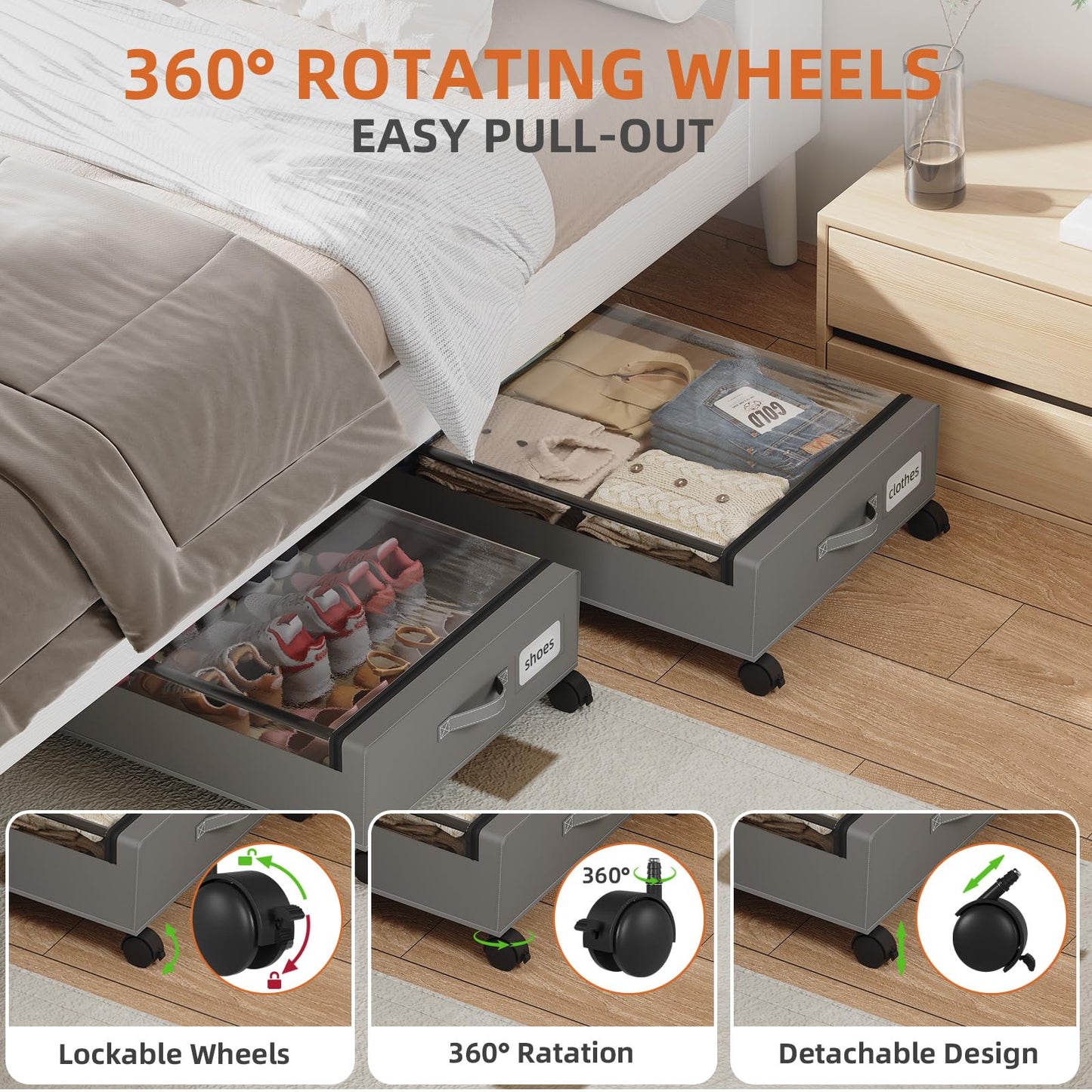 Somdot Under Bed Storage with Wheels, 2 Pack Under Bed Storage Containers