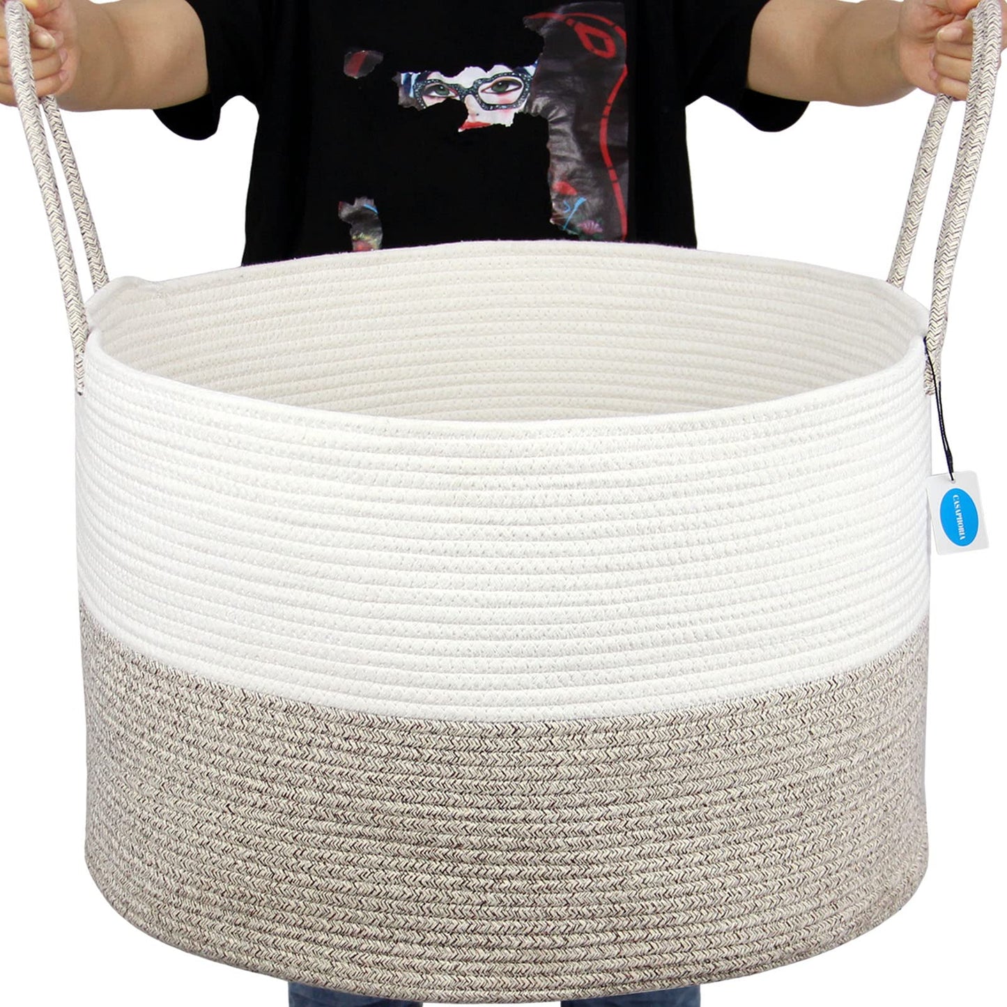 Casaphoria XXXLarge Cotton Rope Basket for Living Room - Woven Storage Basket with long Handle for