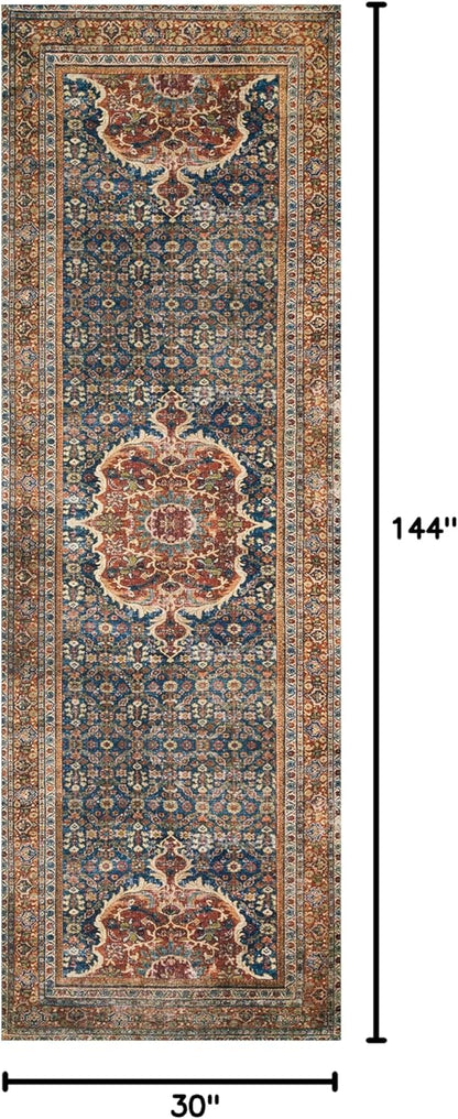 Loloi Layla Collection LAY-09 Cobalt Blue/Spice 2'-6" x 12'-0" .13" Thick Runner Rug, Soft, Durable, Vintage Inspired, Distressed, Low Pile, Non-Shedding, Easy Clean, Printed, Living Room Rug