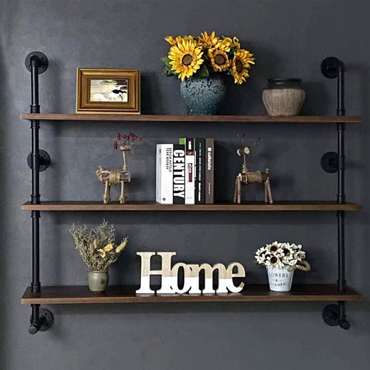 Industrial Pipe Wall Shelves Pipe Shelving with Real Wood Plank ,48 Inches Floating Shelves for Wall Farmhouse Pipe Book Shelves Dark Brown 3 Tier for Kitchen,Living Room Decor and Bar Shelving