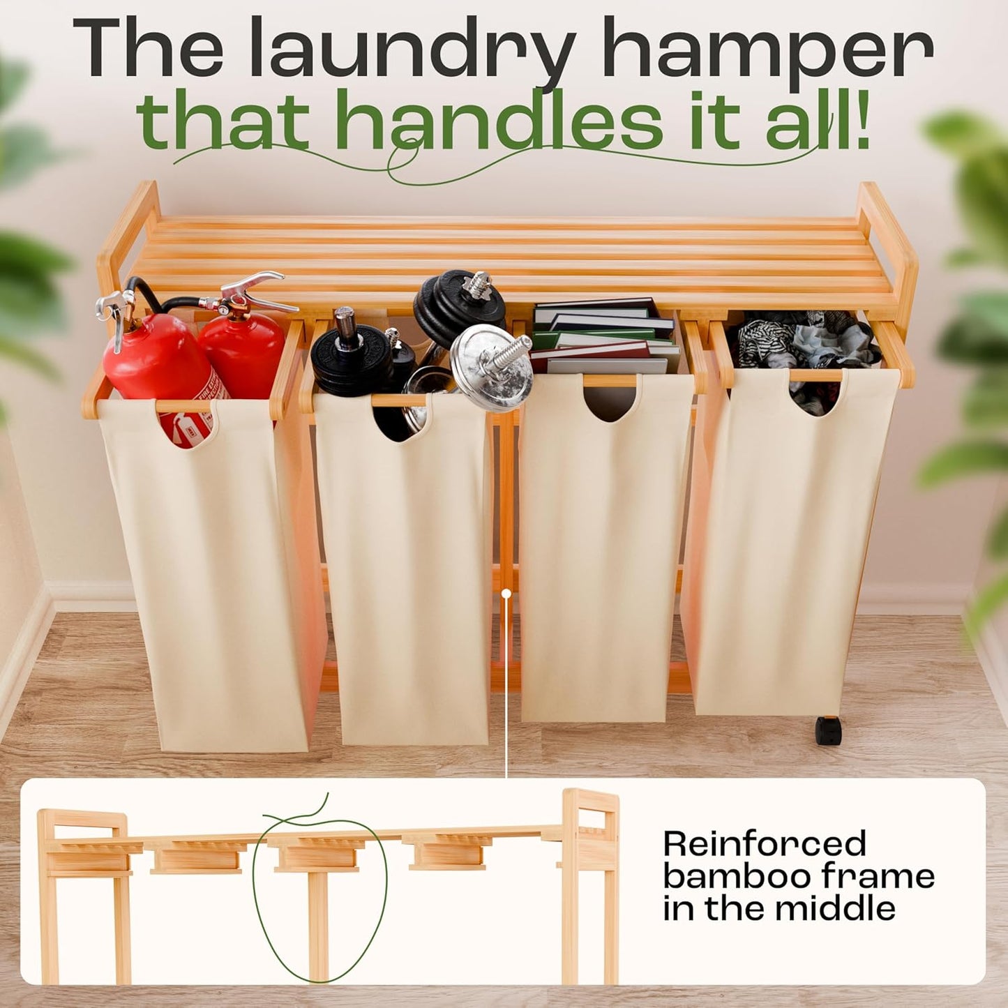 Laundry Sorter with 4 Sections beige, Hamper with Removable Cotton Bags & Wheels – Perfect Laundry Organizer - Eco-Friendly Rolling Laundry Basket – Durable Bamboo and Stylish Design