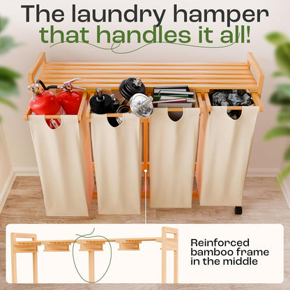 Laundry Sorter with 4 Sections beige, Hamper with Removable Cotton Bags & Wheels – Perfect Laundry Organizer - Eco-Friendly Rolling Laundry Basket – Durable Bamboo and Stylish Design