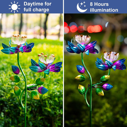 Solar Wind Spinners Blue Twin Flowers for Yard and Garden, Solar Windmill Garden Whirligig Kinetic Spinners Decor for Lawn, Patio, Yard, Metal Wind Outdoor Sculpture