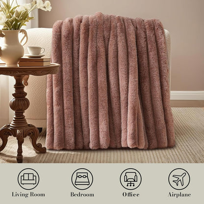 Amélie Home Faux Fur Throw Blanket for Couch, Ultra Cozy Fuzzy Fluffy Fur Luxurious Soft Striped Plush Gift Blankets for Family Sofa Chair Bed Living Room Bedroom, 60"x80", Ionic Fox Brown