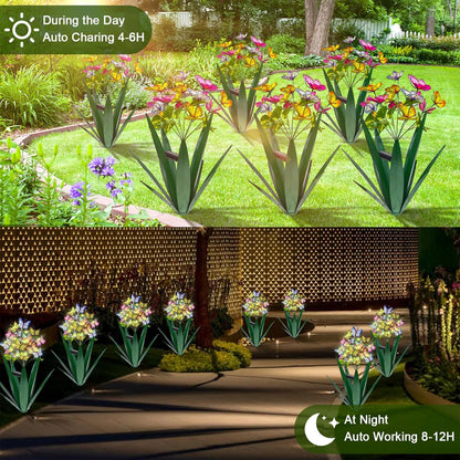 Homight Solar Metal Agave Butterfly Flower Stick Garden Sculpture - Outdoor Christmas Lights With Swaying Butterfly Sunflower - Solar Outdoor Gift (3 PCS Green)