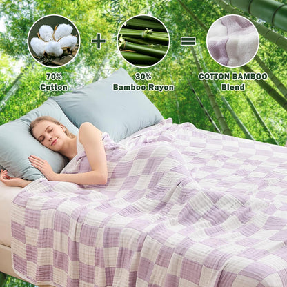 EMME Checkered Throw Blanket Cotton for Couch Soft Muslin Blankets 50"x60" Lightweight Breathable Cooling Soft All Season Gauze, Lavender