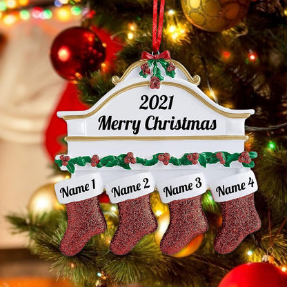 Personalized Christmas Ornaments Family of 2,3,4,5,6,7,8 Custom Christmas Stocking Ornaments with Names, Customized Xmas Day Home Christmas Tree Decora- Family of 4