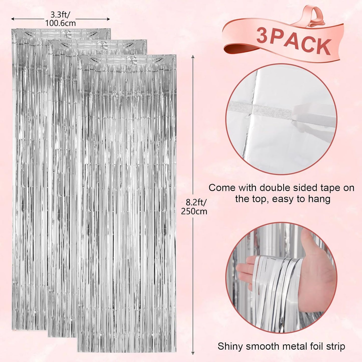 3 Pack 3.3x8.2 Feet Silver Foil Fringe Backdrop Curtains, Tinsel Streamers Birthday Party Decorations, Fringe Backdrop for 2025 New Years Eve, Graduation, Baby Shower, Gender Reveal