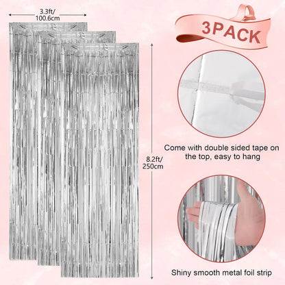 3 Pack 3.3x8.2 Feet Silver Foil Fringe Backdrop Curtains, Tinsel Streamers Birthday Party Decorations, Fringe Backdrop for 2025 New Years Eve, Graduation, Baby Shower, Gender Reveal