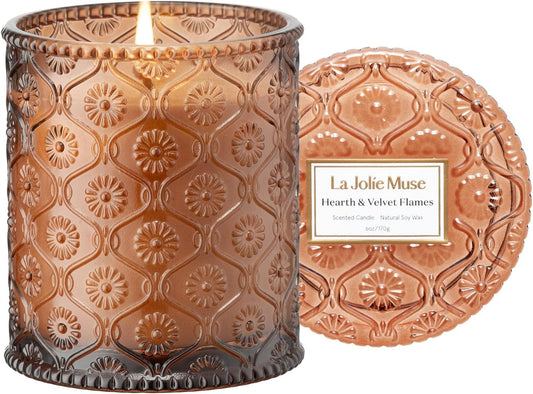 LA JOLIE MUSE Hearth & Velvet Flames Candle - Saffron, Clove, Vanilla | 6 oz Natural Soy Wax | 40