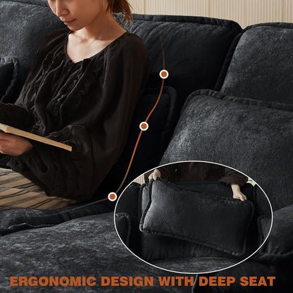 113" Oversized Cloud Couch, U Shape Sectional 4 Seat Sofa with Double Chaises, 2 Layer Cusions, Deep Seat Comfy Sofa, Upholstery Chenille Fabric for Living Room, Black