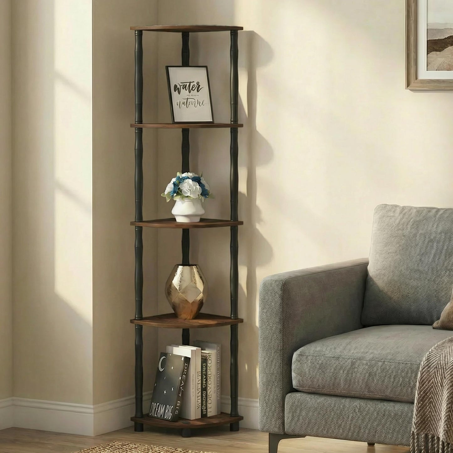 Furinno Turn-N-Tube Storage Shelves, 5-Tier Corner Book Shelf, Standing Corner Shelf, Toolless Open