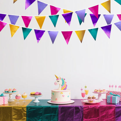 Colorful Party Decorations Hot Pink Teal Purple Metallic Fabric Triangle Pennant Banner Flag Bunting for Fiesta Carnival Rainbow Multi-color Birthday Wedding Baby Shower Holiday Outdoor Party Supplies