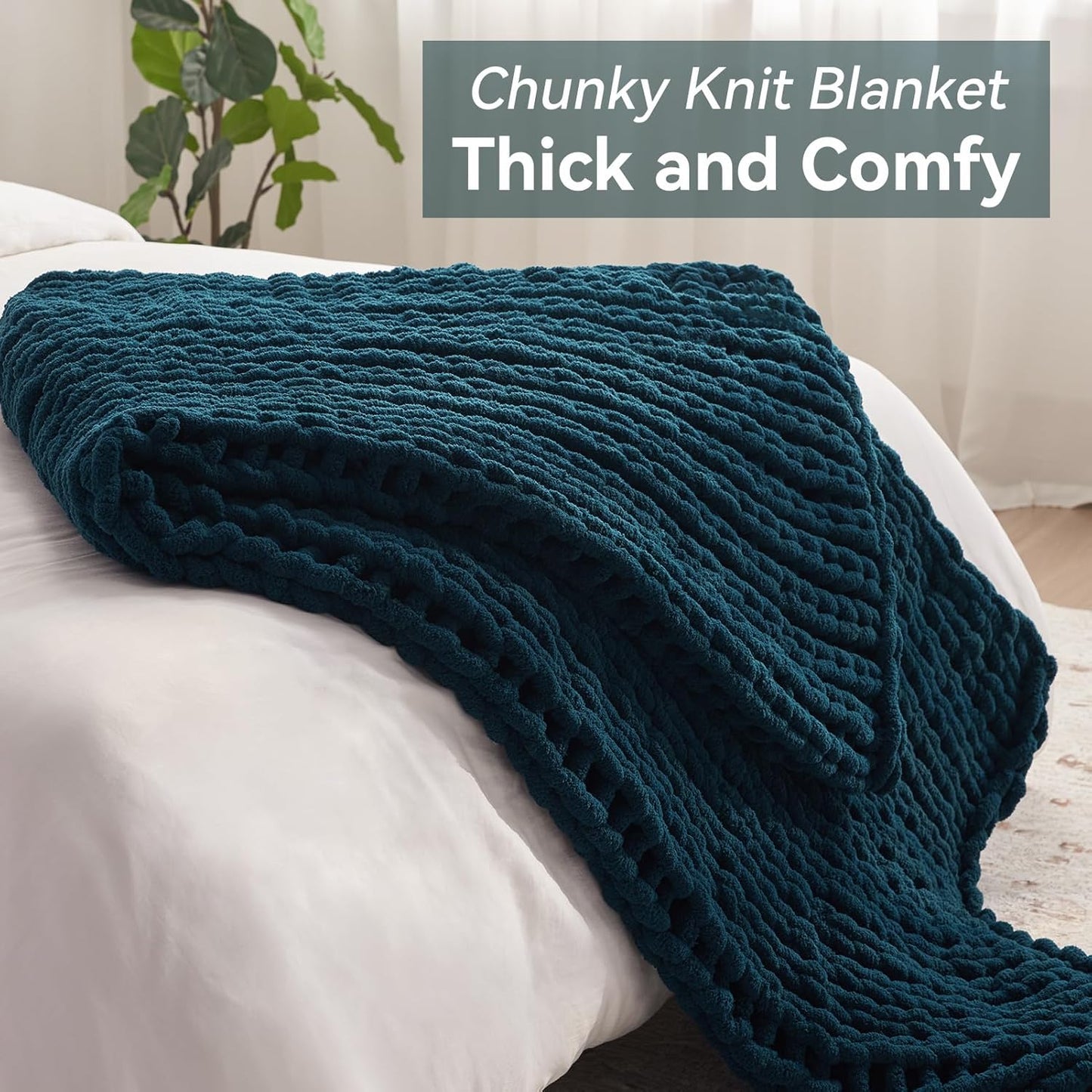 Chunky Knit Throw Blanket, 50''*60'' Knitted Throw Chenille Yarn for Bed Couch, Handmade Peacock Blue Crochet Big Thick Blanket, Machine Washable Cute Comfy Blanket for Home Decor