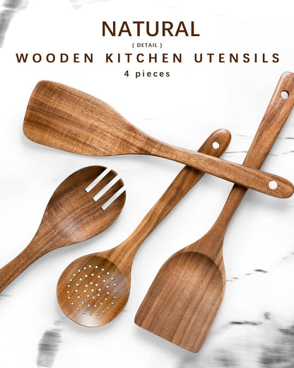 Wooden Spoons for Cooking, Nonstick Cooking Utensil Set with 4 Piece Acacia Wooden Spatulas and Spoons for Cooking, Terrific for Everyday Kitchen Tasks
