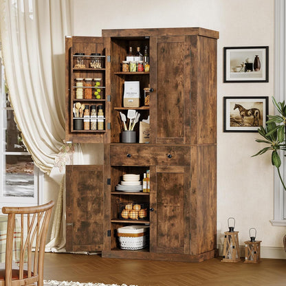 usikey 72” Kitchen Pantry Cabinet, Tall Storage Cabinet with 4 Doors and 1 Drawer, Freestanding Cupboard with 6 Hanging Shelves and Adjustable Shelves for Kitchen, Living Room, Rustic Brown